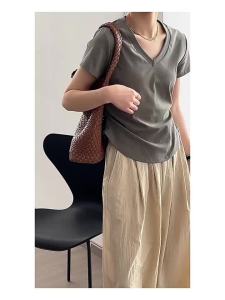 Women Korean Style Blouse V-Neck Pleated Plain Short Sleeved Tee Shirt