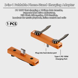 BSN | 2-in-1 Foldable Phone Stand USB-C Adapter PD 100W Fast Charge 10Gbps OTG Support Headset Audio & Call for iPhone Samsung Laptops