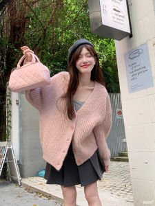 Yang Bubble Soft Cozy V-Neck Sweater Cardigan Womens Casual Style Short Outerwear Autumn New Arrival Pink Slimming Silhouette