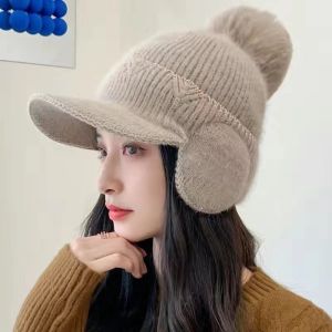 Womens Knitted Fleece Lined Cycling Cap Autumn Winter Fashionable Warm Windproof Ear Protection Hat round Top Foldable Polyester Fiber