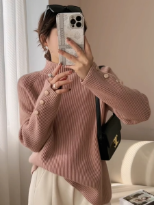 Thickened Half-High Collar Knit Sweater Women Large Size Loose Fit Warm Interior Layering Sweater for Autumn and Winter