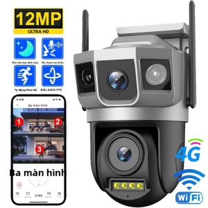 Camera IP 4G-SIM 12MP 6K Hai Ống Kính Wifi Không Dây Giám Sát Mạng Thông Minh Ba Màn Hình Camera An Ninh Gia Đình CCTV V380