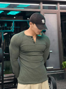 American Style Long Sleeve Henry Shirt T-Shirt Fitness Mens Hard Shoulder Insertion Retro Cotton Ribbed Muscle Show Big Man