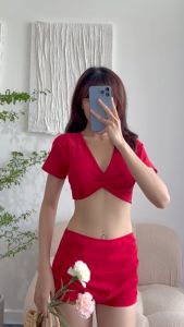 Đồ bơi áo tắm bikini hai mảnh cộc tay xoắn ngực nhiều màu phối quần đùi cạp cao che khuyết đIểm đi biển kín đáo