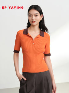 EP YAYING 2025 Autumn New Womens Slim Fit Polo Neck Short Sleeve Knitted Top Color Block Design Fashionable Ladies Wear