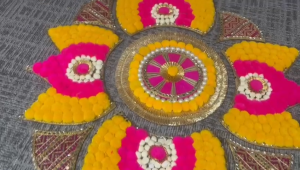 Artificial Marigold Rangoli Mat with Rajasthani Golden Gota | Diwali Gift Pooja & Festive Decoration | Yellow & Pink (Pack of 1)