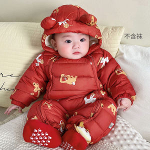 เสื้อแจ็คเก็ตผ้าฝ้ายหนาสำหรับเด็กชาย ฤดูหนาว สีแดง เสื้อคลุมกันหนาว อบอุ่น ปกขนสัตว์ แขนยาว ปิดด้วยซิป ทรงหลวม สำหรับเด็กอายุ 6-36 เดือน