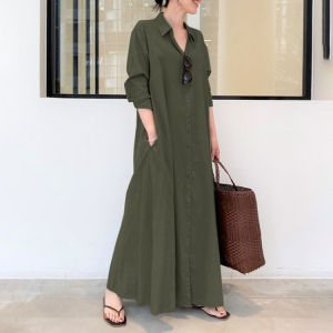 Casual Cotton Linen Long Skirt Loose Wide Sleeve Shirt Style A-Line Dress Ageless Vintage Spring Autumn Large Size Gown