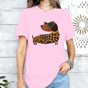 Sanrio | Leopard Print Outfit with Dachshund Print Women T-shirt for Spring and Summer Trendy and Cute Pet Style Loose Fitting Women Top