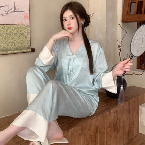 New Chinese Style Ice Silk Sleepwear Women Summer Long Sleeve Home Clothes Spring Autumn Outwear V-Neck Button Front Thin Fabric