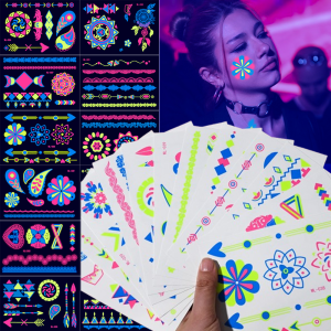 1Pc Halloween Fluorescent Tattoos Sticker 15*10cm Neon Butterfly/Lace Flower Temporary Tattoo Party Makeup Face Body Decor Decal