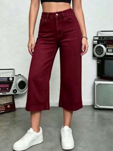 Wine Red High Waist Crop Jeans Straight Leg Loose Comfortable Fit Denim Trousers