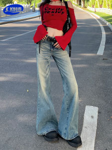 American Retro Flared Jeans Womens Low Waist Slimming Drapey Fashion Design Bell Bottoms Trendy Denim Pants for Autumn Winter