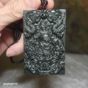 Natural deep green Nephrite Guan Gong (Guan Yu) & 9 Dragons (5 in front 4 behind) Jade pendant (with certificate)