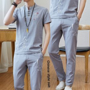 Summer Cotton Linen Short Sleeve T-Shirt Set for Men V-Neck Vintage Buddhist Style Youth Fashion Standard Fit Embroidered Chinese Culture