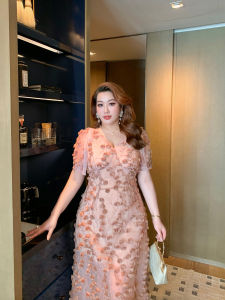 GLEC | Oversized French Style Luxury Rose Decor V-neck Vintage Jacquard Dress