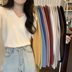 Autumn New Style Womens V-neck Long Sleeve Knitted Sweater Loose Inner Wear Base Layer Shirt Warm Top Pure Color Basic Model