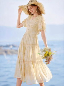 XIANGYING | Yellow V-Neck Puff Sleeves A-Line Dress