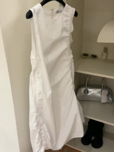 PAIBOLI | Summer 2025 Womens White Sleeveless Slim Fit Midi Dress Irregular Design Drawstring H-Line Round Neck Solid Color Gown