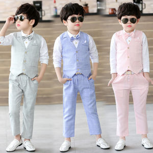 lontakids Boys Light-colored Japanese Style Plaid Gentleman Set Kids Baby Formal Wear Childrens Tuxedo Gentleman Suits (Shirt+Vest+Pants+Bowtie) for Wedding Party Birthday Party