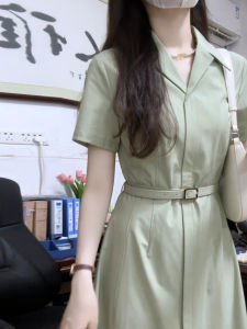 LIRENQING | New Summer Teacher Interview French Style Green V-neck Polo Long Dress