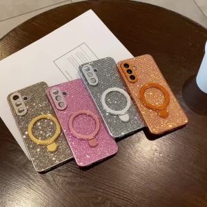Luxury Bling Full Shinny Diamond Bracket Case For Samsung Galaxy S25 S24 S23 Ultra Plus Edge A07 A17 A14 A15 A24 Glitter Cover