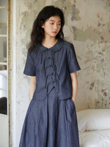 LBAORAW Original Design Cotton Linen Denim Set Women Summer Doll Collar Shirt Half Skirt Two Piece Set Fashionable Loose Fit