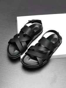 Mens Leather Sandals 2025 Summer New Casual Hollow Breathable Flat Bottom Beach Shoes Outdoor Wear Cool Slippers