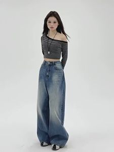 【Hermarou】Plus Size 25-39 Korean High Waist Wide Leg Jeans Women Casual Loose Straight Slacks Trousers