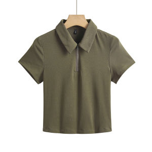 Mocha Color Pure Cotton Short Polo Shirt Turn-down Collar T-shirt Womens Short Sleeve Versatile Slimming Top Summer Fashion