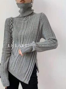 เสื้อชั้นในถักคอสูงเข้ารูปสไตล์เกาหลีฤดูใบไม้ร่วง/ฤดูหนาว เสื้อสเวตเตอร์คอวีแขนยาวทรงตรงแบบสวมหัวสำหรับผู้หญิง