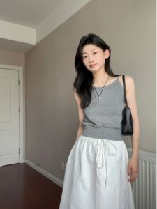 HUOLISI | Neck Hanging Knit Tank Top Summer Short Fitted Sleeveless