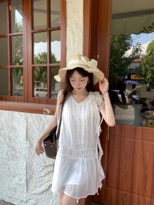 Váy Midi Không Tay Kiểu Pháp Ngọt Ngào Mùa Hè Hai Màu Tua Rua Váy Vest Đa Năng Cho Nữ Chất Liệu Polyester Thường Ngày