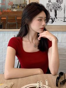 PEIXI | Red Square Collar Slimming Ice Silk T-Shirt