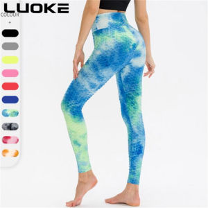 Luoke Women Sports Yoga Pleated Pants Tie Dyed High Waist Hip Lifting Bubble Pants Tight Fast Drying Breathable Fitness Pants