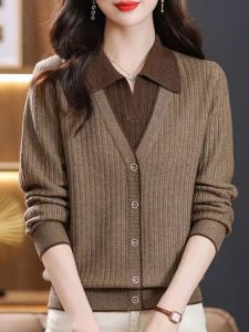 Lapel Fake Two Pieces Shirt Knitwear Plus Size Fashion Elegant Middle-Aged Womens Clothing Fall and Winter Long Sleeves Loose Fashionable Sweater