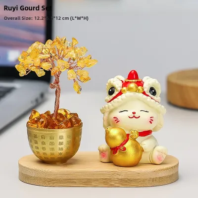 Prosperity Cat and Lion Dance Crystal Lucky Tree Decorative Ornament