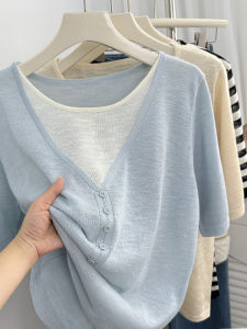 Shalldoer | Chic Korean Style Two-tone Illusion Short Sleeve Knitwear