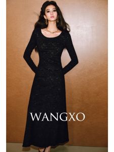 Wangxo Romantic French U-neck Sculpture Beauty Mini A-line Dress Lightweight Transparent Lace Leaf Embroidery Texture Elegant Long Sleeve Dress