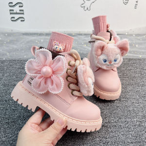 รองเท้าบูทมาร์ตินสีชมพูสำหรับเด็กผู้หญิง ฤดูใบไม้ผลิและฤดูใบไม้ร่วง รองเท้าบูทสั้นกันน้ำ รองเท้าเดินแบบแฟชั่น รองเท้าบูทสำหรับเด็ก