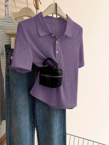 V.C.I | Purple Polo Collar Ice Silk Short Sleeve Loose Short-style Knit Top