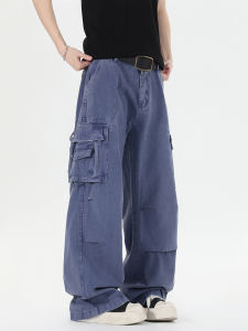 Quần Dài Công Sở Rộng Rãi Mùa Hè Phong Cách Mỹ Cổ Điển Nhiều Túi Quần Dài Thẳng Quần Dài Thường Ngày Màu Xanh Công Sở