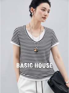 Basic House | Color Blocked Stripes Faux Two-Piece V-Neck Short Sleeve T-Shirt