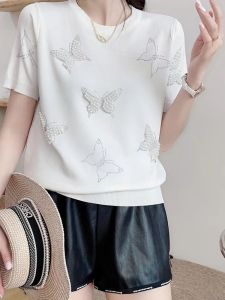 Áo Thun Dệt Kim Cổ Tròn Tay Ngắn Mùa Hè 2025 Phong Cách Hàn Quốc Mới Đính Nút Thắt Nút Thắt Bướm Thời Trang Cho Nữ