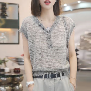 Shalldoer | French Luxurious Style Womens V-neck Knitted Top Breathable Thin Summer Fashion Versatile Short Sleeve Round Neck Shirt