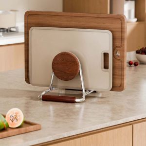 clu Double Layer Stainless Steel Cutting Board Rack with Wood Handle Vertical Countertop Storage Holder ulc
