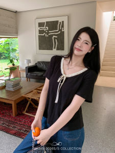 MASISI | Color Block Tie V-Neck Loose Fitting Slimming Top