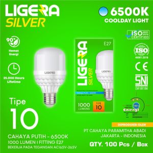 LIGERA SILVER 10W lampu LED Bulb cahaya putih 6500K super terang fiting E27