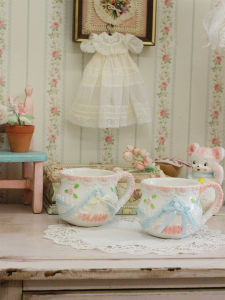 Adorable Ceramic Baby Blue Pink Relief Glaze Undercolor Cute Water Cup Home Gift Vintage Style Handmade Craft Bubble Tea Cup