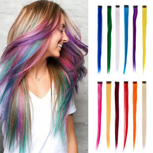 Grupheaso 1PC/2PCS Women 22" Clip On In Colorful Straight Synthetic Hair Toupee Highlight Hair Extension Hair Pieces